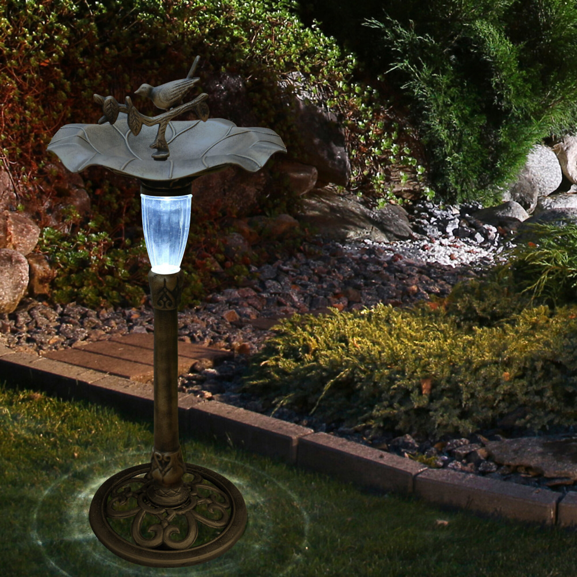 Alpine Corporation, Solar Gold Birdbath with Birds and LED Light, Model# TEC316SLR